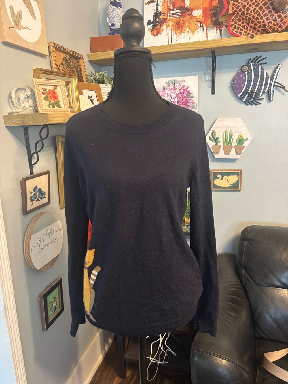 J.Crew womens car graphic sweater wool cashmere rabbit blend navy size S